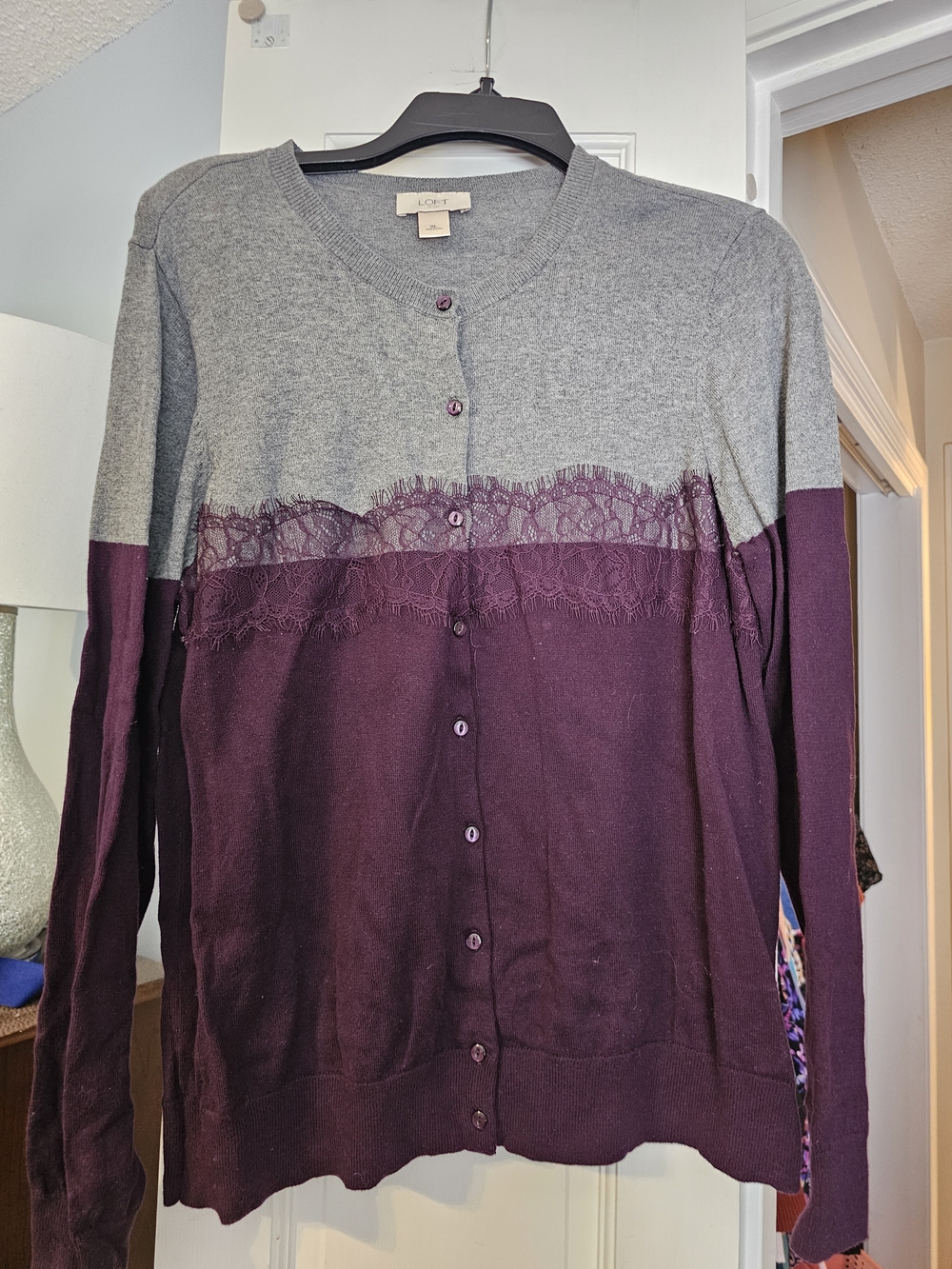 4/$25 LOFT Gray and Plum Lace-Trim Button-Up Cardigan